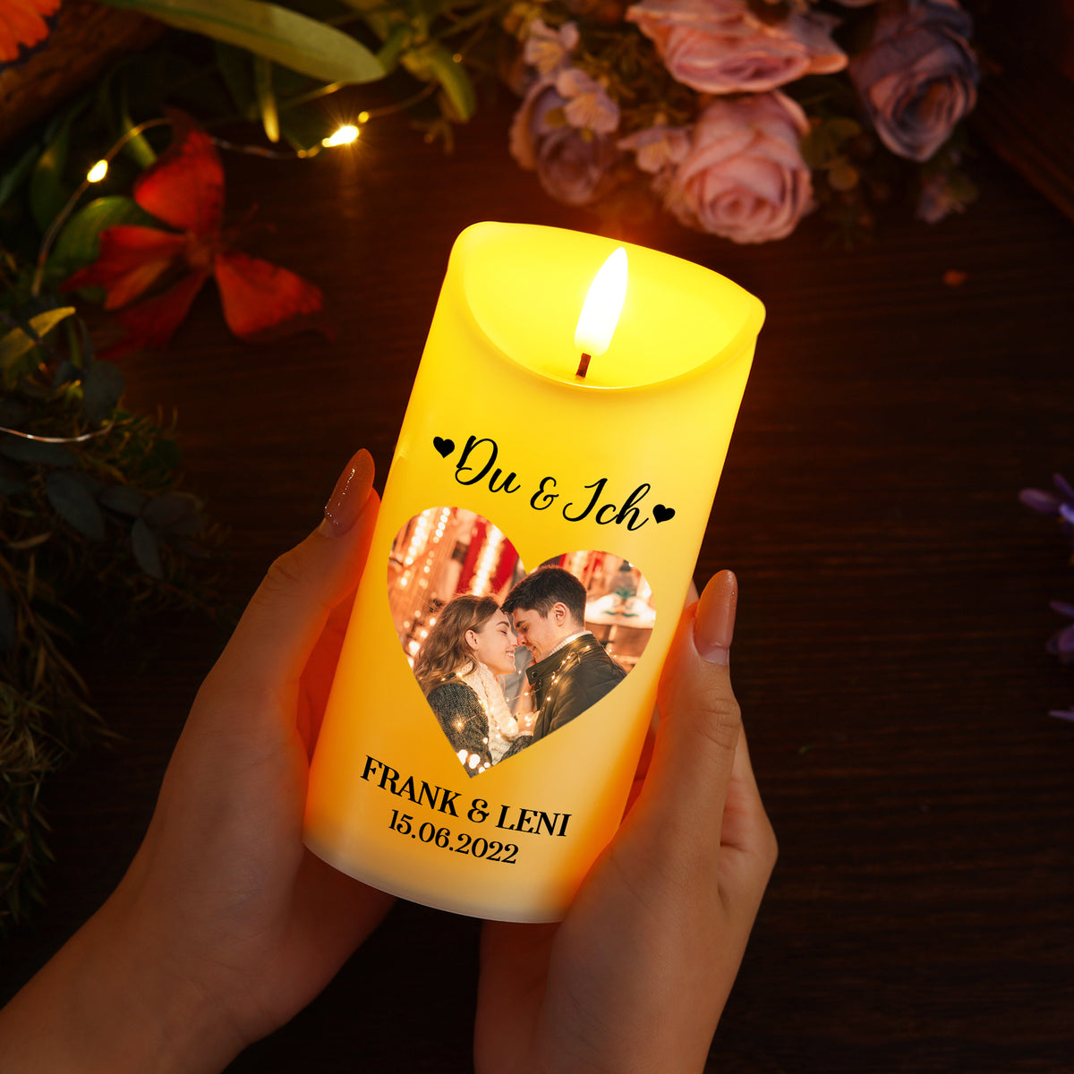 Gepersonaliseerde LED-kaars met 2 namen, foto en datum - Ik hou voor altijd van je - Een warm cadeau voor koppels