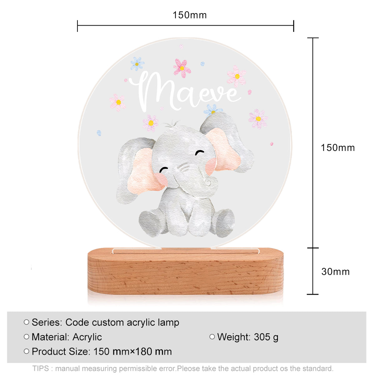 Veilleuse éléphant en acrylique personnalisée avec 1 nom – Décoration unique pour enfants