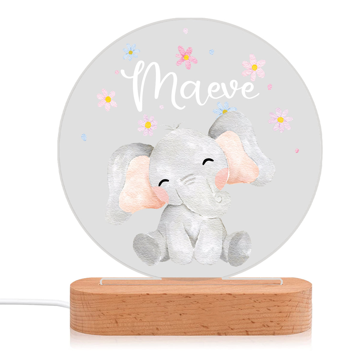Veilleuse éléphant en acrylique personnalisée avec 1 nom – Décoration unique pour enfants