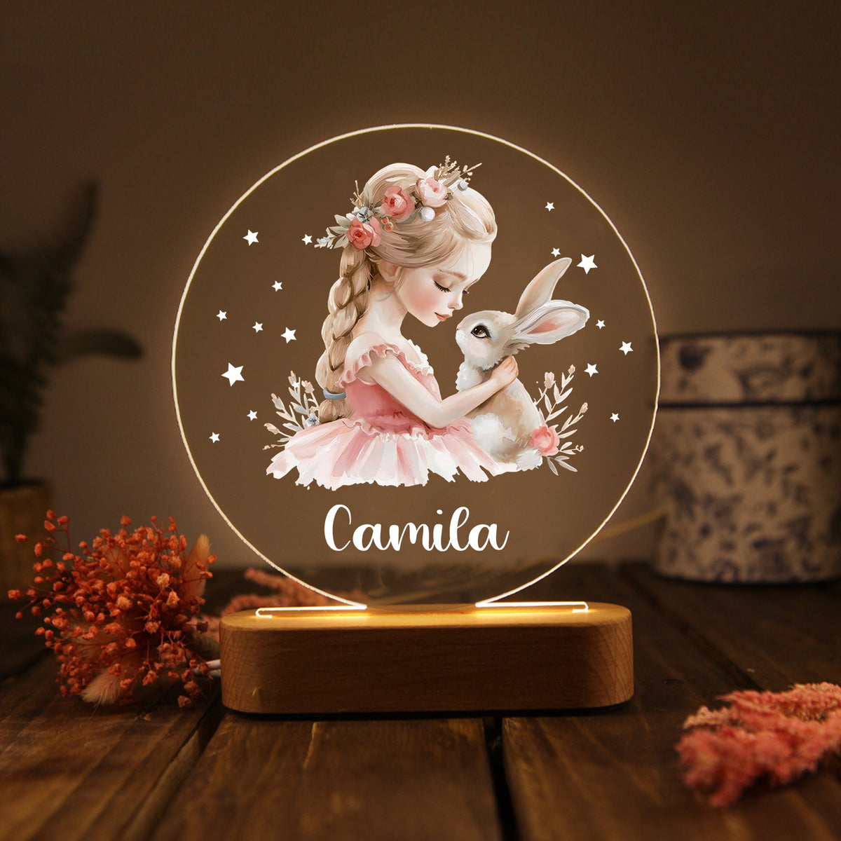 Veilleuse acrylique personnalisée avec prénom pour fille et lapin – Décoration unique pour enfants