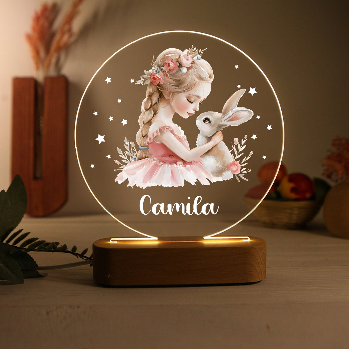 Veilleuse acrylique personnalisée avec prénom pour fille et lapin – Décoration unique pour enfants