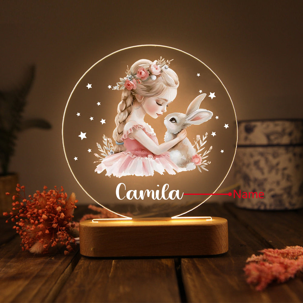 Veilleuse acrylique personnalisée avec prénom pour fille et lapin – Décoration unique pour enfants