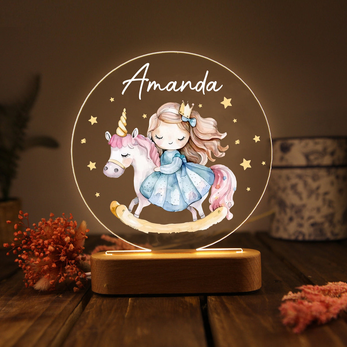 Veilleuse acrylique personnalisée avec prénom et licorne pour fille – Décoration unique pour enfants