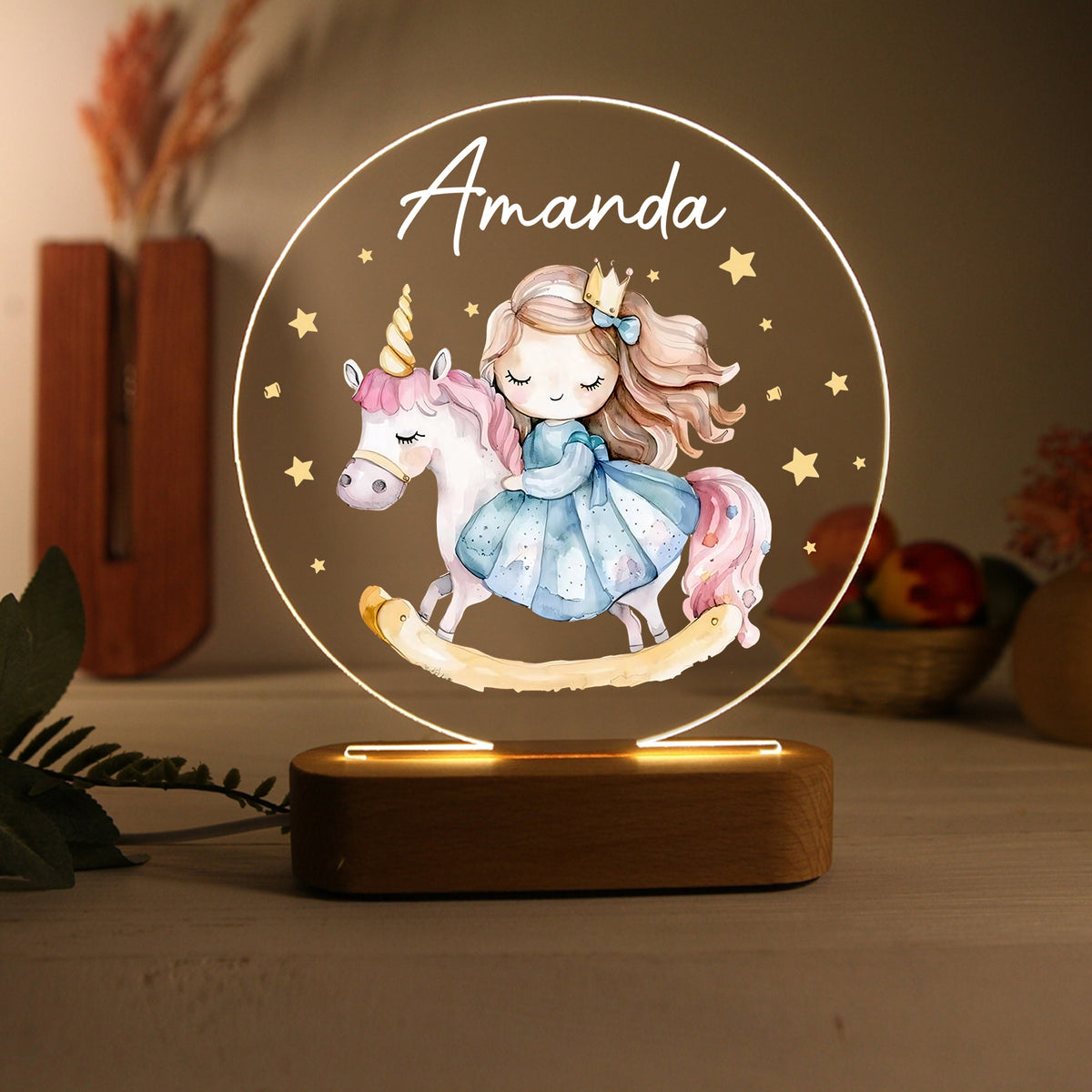 Veilleuse acrylique personnalisée avec prénom et licorne pour fille – Décoration unique pour enfants