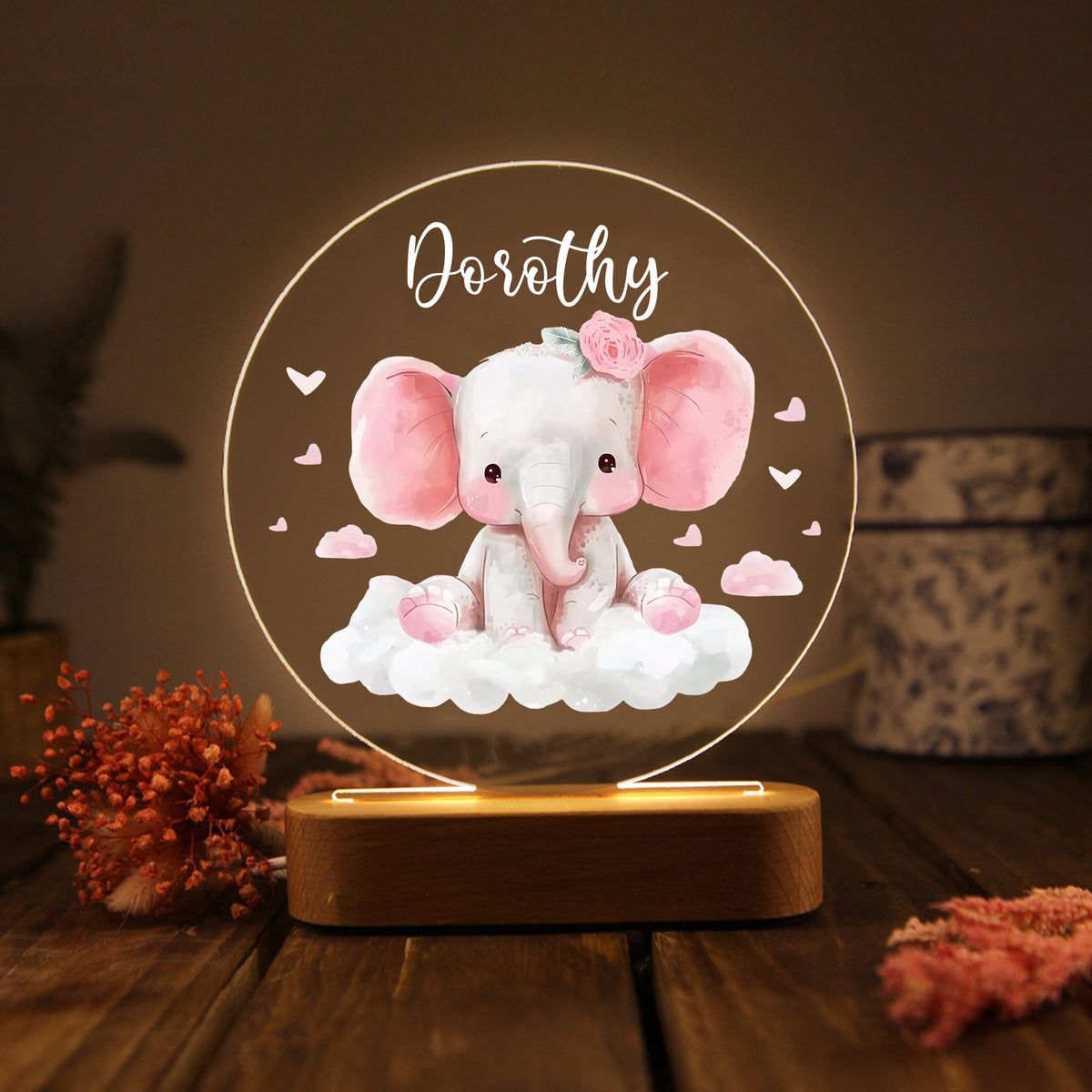 Veilleuse en acrylique personnalisée en forme d'éléphant rose avec un nom – Superbe décoration de chambre pour enfants