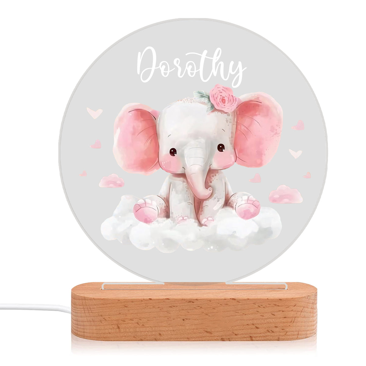 Veilleuse en acrylique personnalisée en forme d'éléphant rose avec un nom – Superbe décoration de chambre pour enfants