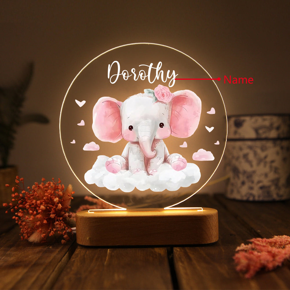 Veilleuse en acrylique personnalisée en forme d'éléphant rose avec un nom – Superbe décoration de chambre pour enfants