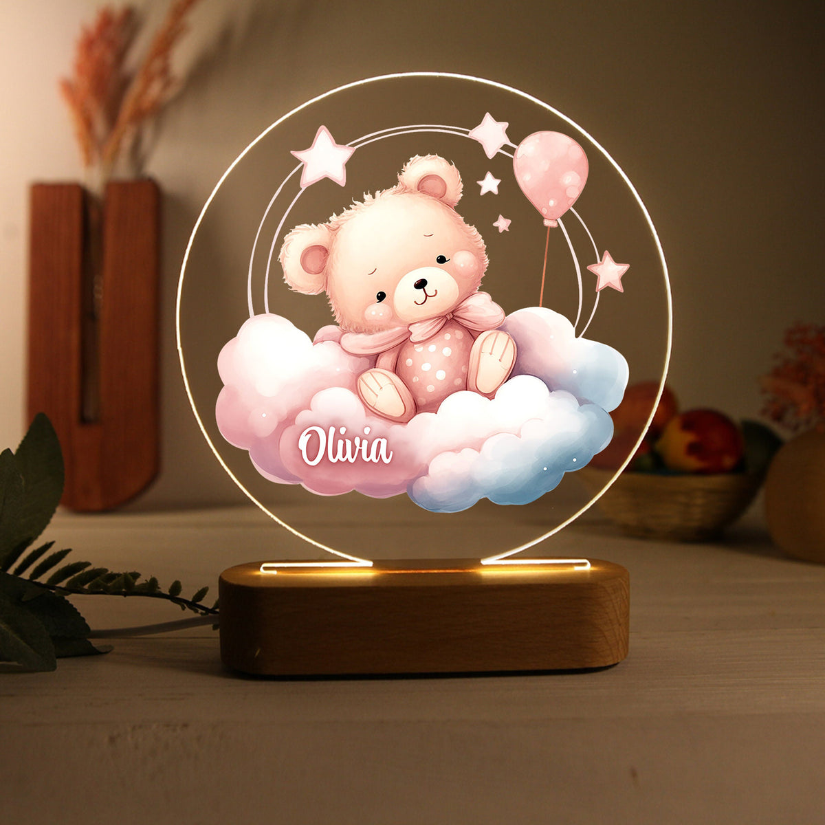 Veilleuse en acrylique personnalisée avec un nom, motif ours et nuage – Superbe décoration de chambre pour enfants