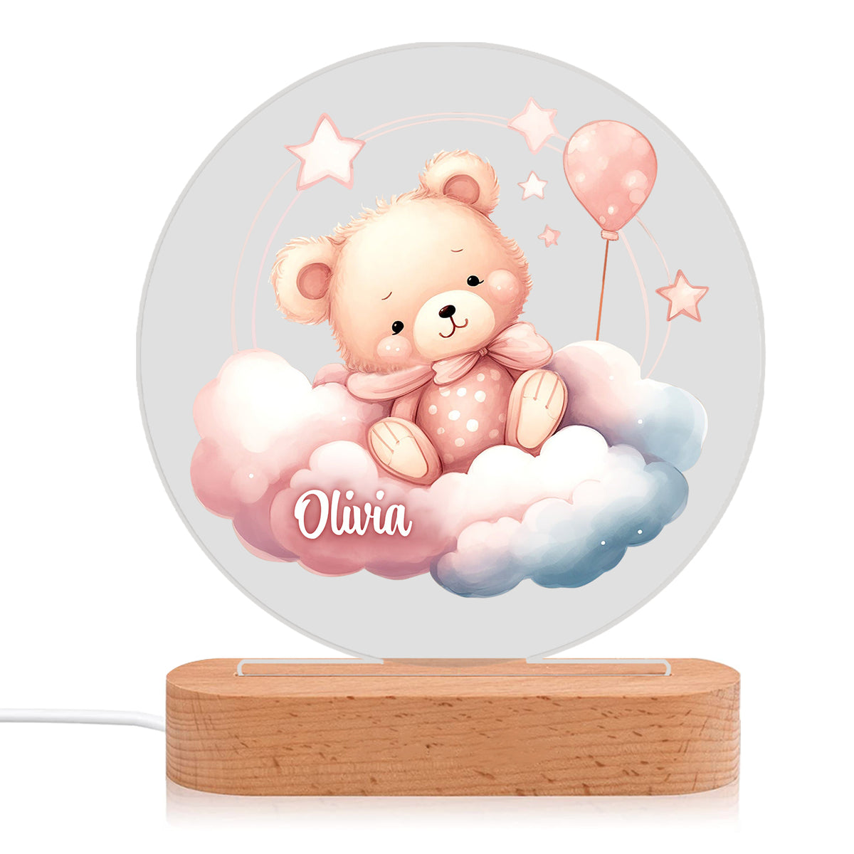 Veilleuse en acrylique personnalisée avec un nom, motif ours et nuage – Superbe décoration de chambre pour enfants