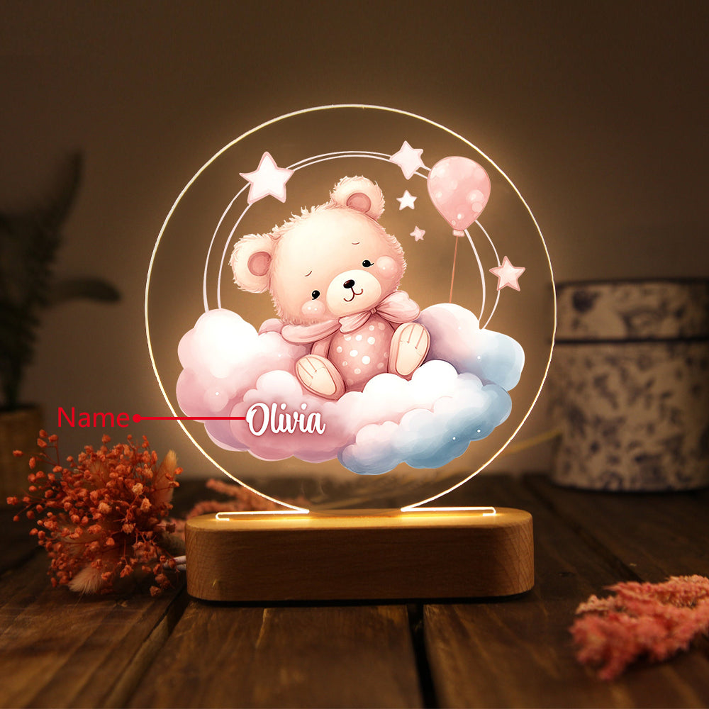 Veilleuse en acrylique personnalisée avec un nom, motif ours et nuage – Superbe décoration de chambre pour enfants