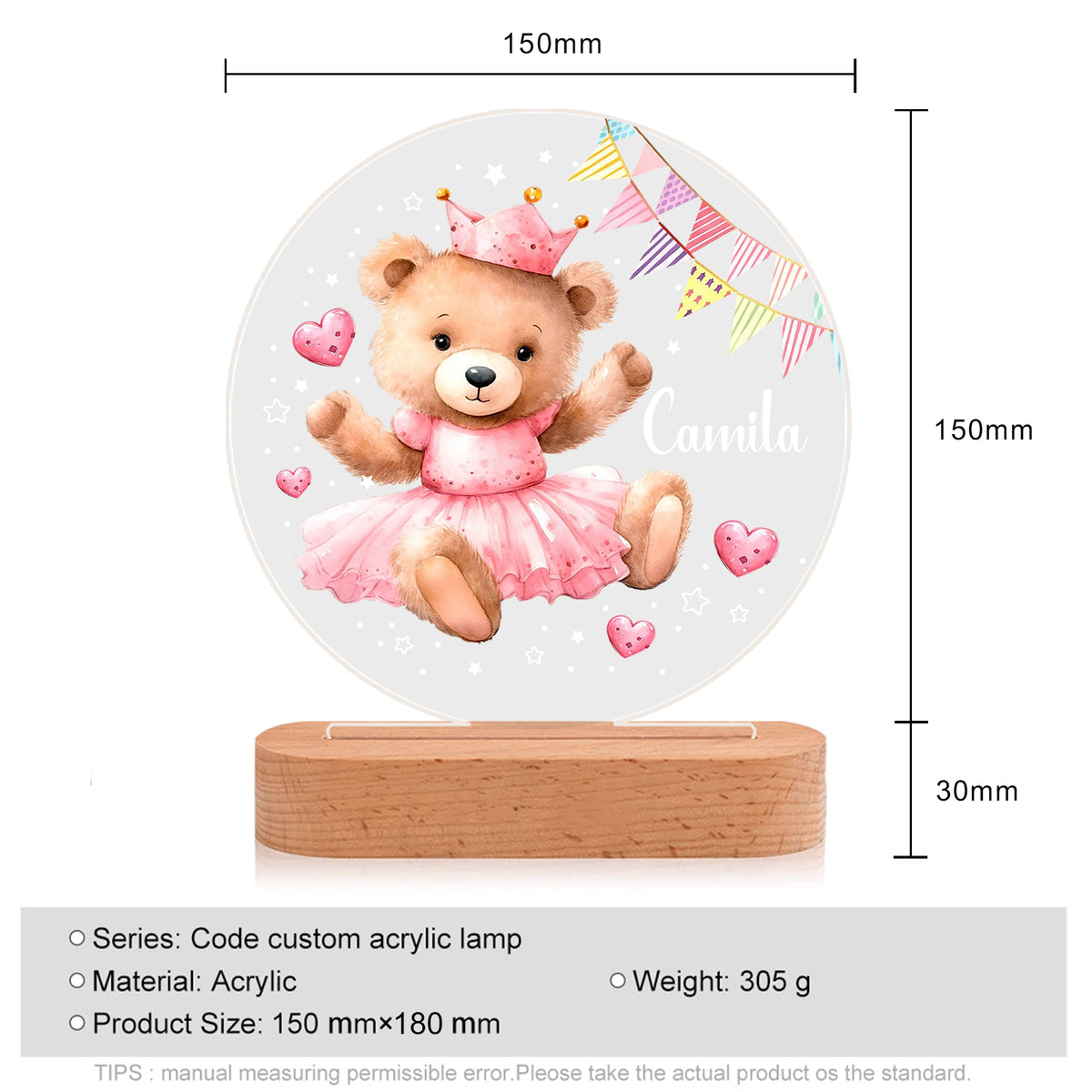 Veilleuse ours en acrylique personnalisée avec 1 nom – Décoration mignonne pour enfants