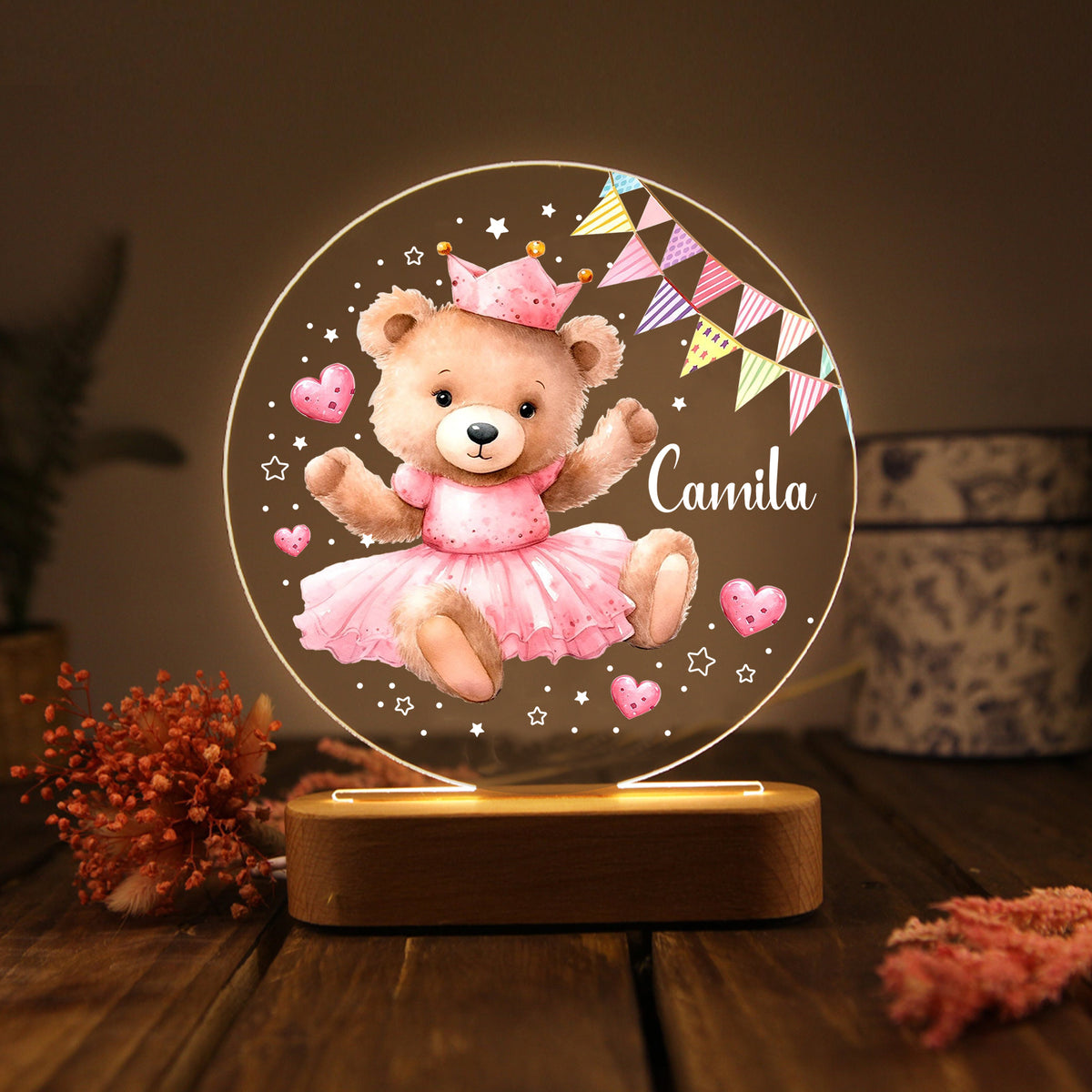 Veilleuse ours en acrylique personnalisée avec 1 nom – Décoration mignonne pour enfants
