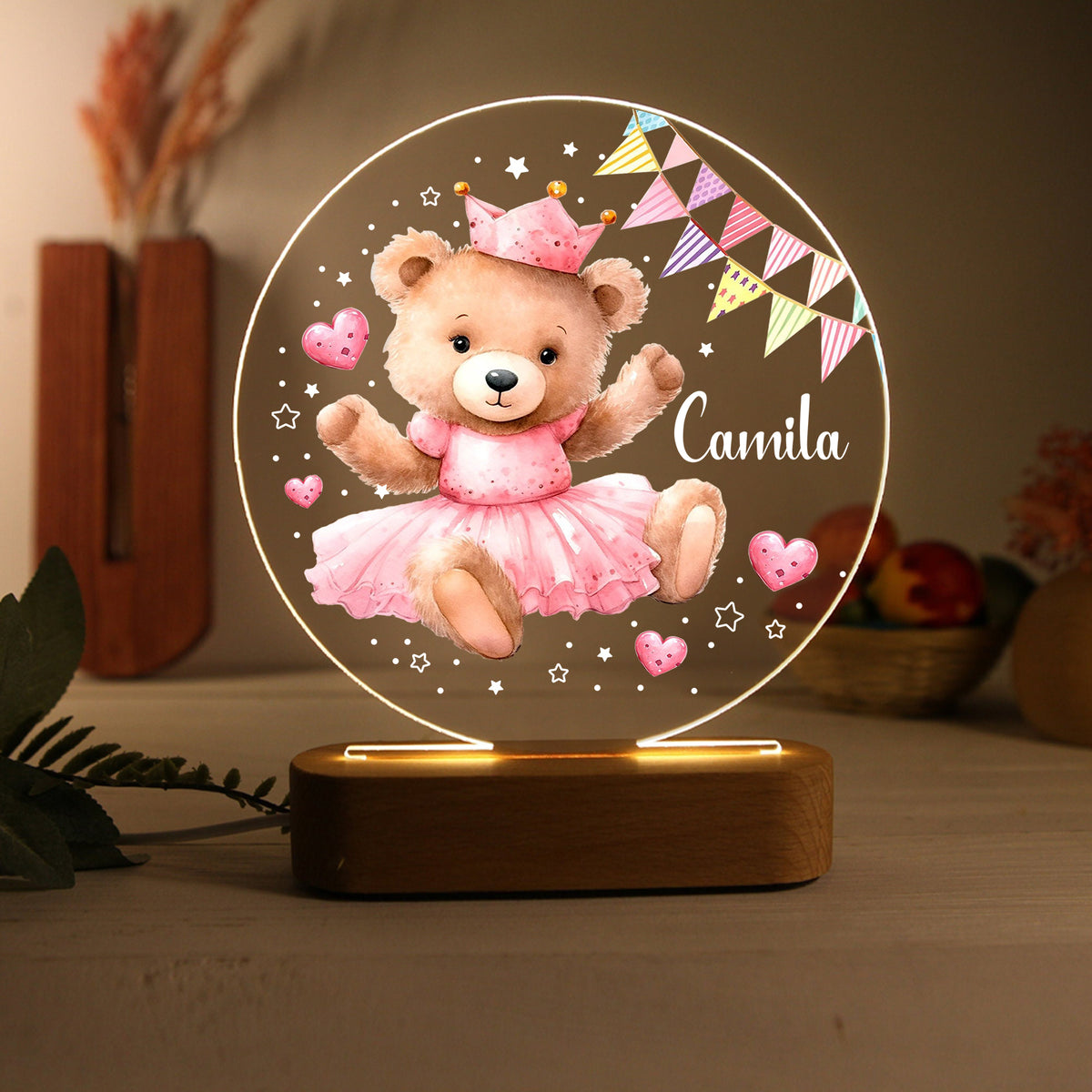 Veilleuse ours en acrylique personnalisée avec 1 nom – Décoration mignonne pour enfants