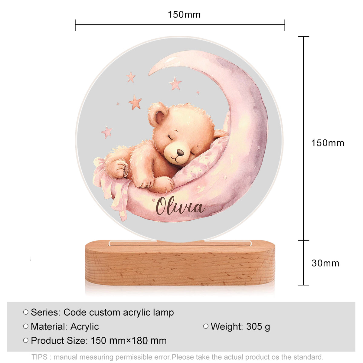 Veilleuse en acrylique personnalisée avec un nom, ours dans la lune – Adorable lampe de nuit pour enfants