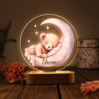 Veilleuse en acrylique personnalisée avec un nom, ours dans la lune – Adorable lampe de nuit pour enfants
