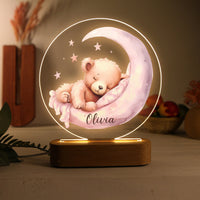 Veilleuse en acrylique personnalisée avec un nom, ours dans la lune – Adorable lampe de nuit pour enfants