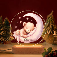 Veilleuse en acrylique personnalisée avec un nom, ours dans la lune – Adorable lampe de nuit pour enfants