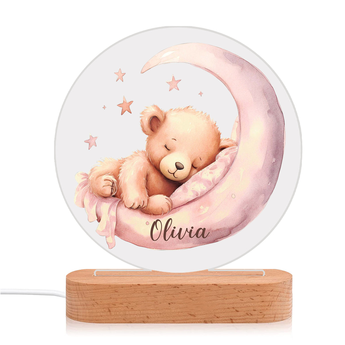 Veilleuse en acrylique personnalisée avec un nom, ours dans la lune – Adorable lampe de nuit pour enfants