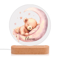 Veilleuse en acrylique personnalisée avec un nom, ours dans la lune – Adorable lampe de nuit pour enfants