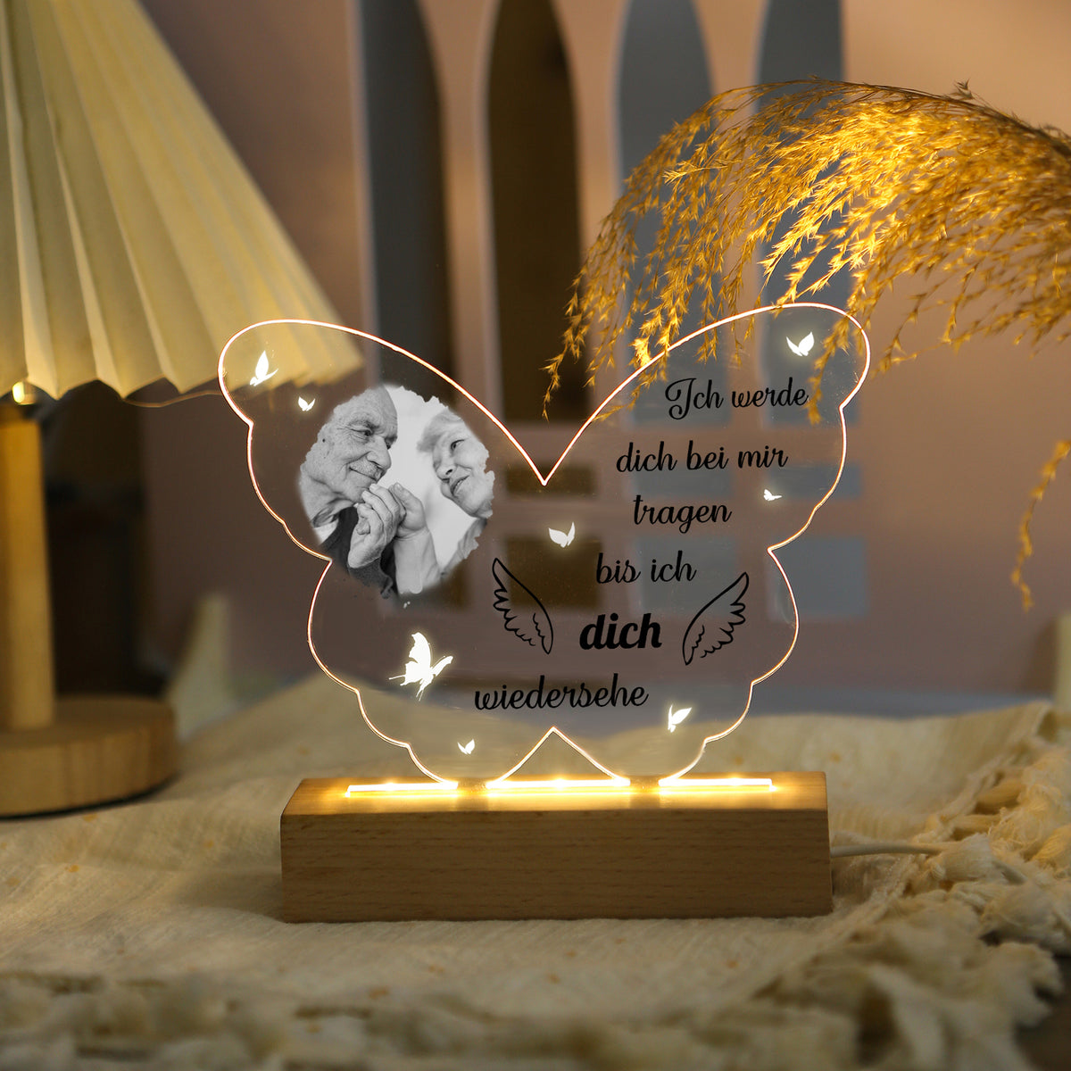 Gepersonaliseerde foto vlinder LED nachtlampje – Ik zal je bij me dragen tot ik je weer zie – Gedenk acryl nachtlampje