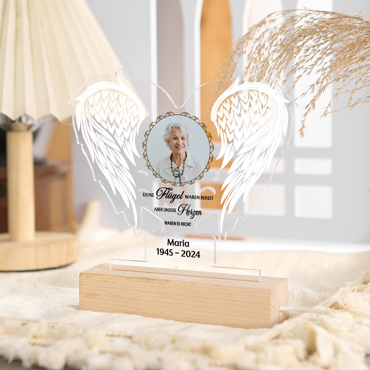 Veilleuse LED personnalisée avec 1 nom, photo et date avec ailes d'ange – Vos ailes étaient prêtes, mais nos cœurs ne l'étaient pas – Lampe de nuit commémorative en acrylique