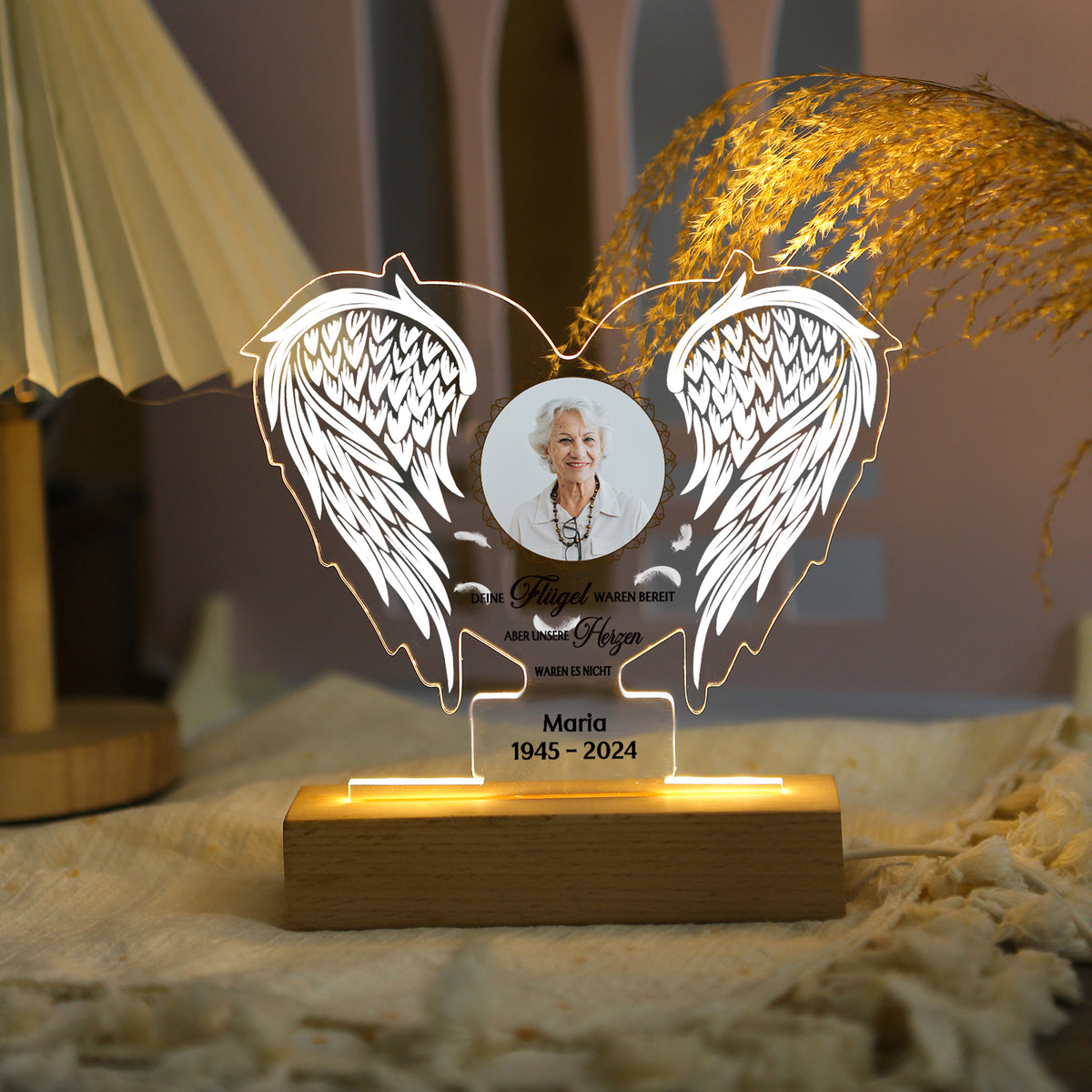 Veilleuse LED personnalisée avec 1 nom, photo et date avec ailes d'ange – Vos ailes étaient prêtes, mais nos cœurs ne l'étaient pas – Lampe de nuit commémorative en acrylique