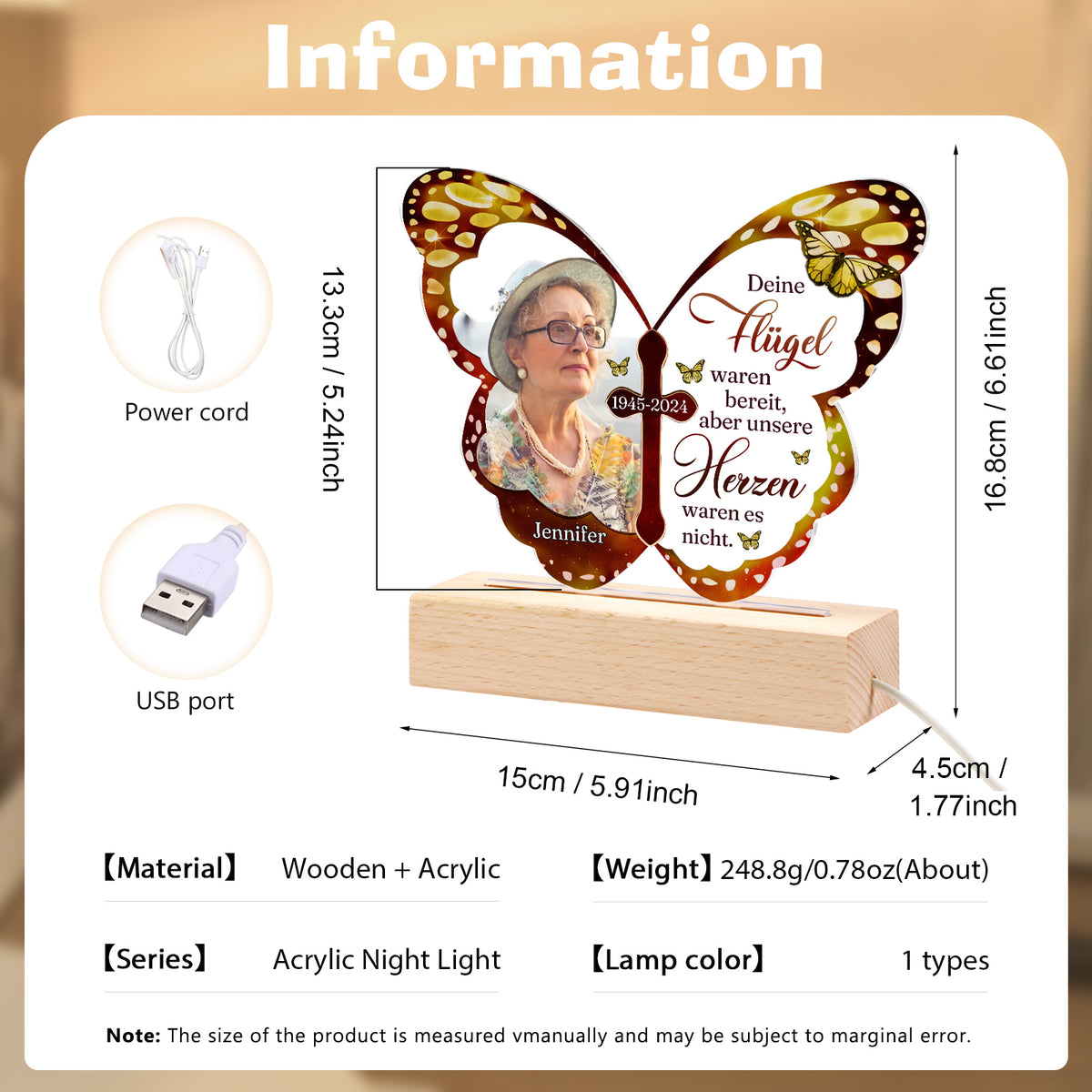 Veilleuse LED papillon personnalisée avec 1 nom, photo et date – Vos ailes étaient prêtes, mais nos cœurs ne l’étaient pas – Lampe de nuit commémorative en acrylique