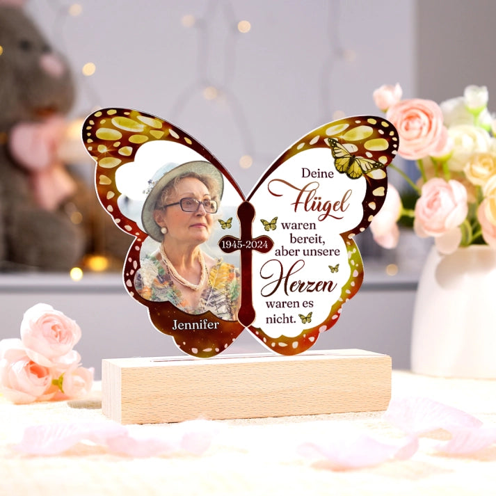 Veilleuse LED papillon personnalisée avec 1 nom, photo et date – Vos ailes étaient prêtes, mais nos cœurs ne l’étaient pas – Lampe de nuit commémorative en acrylique