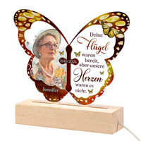 Veilleuse LED papillon personnalisée avec 1 nom, photo et date – Vos ailes étaient prêtes, mais nos cœurs ne l’étaient pas – Lampe de nuit commémorative en acrylique