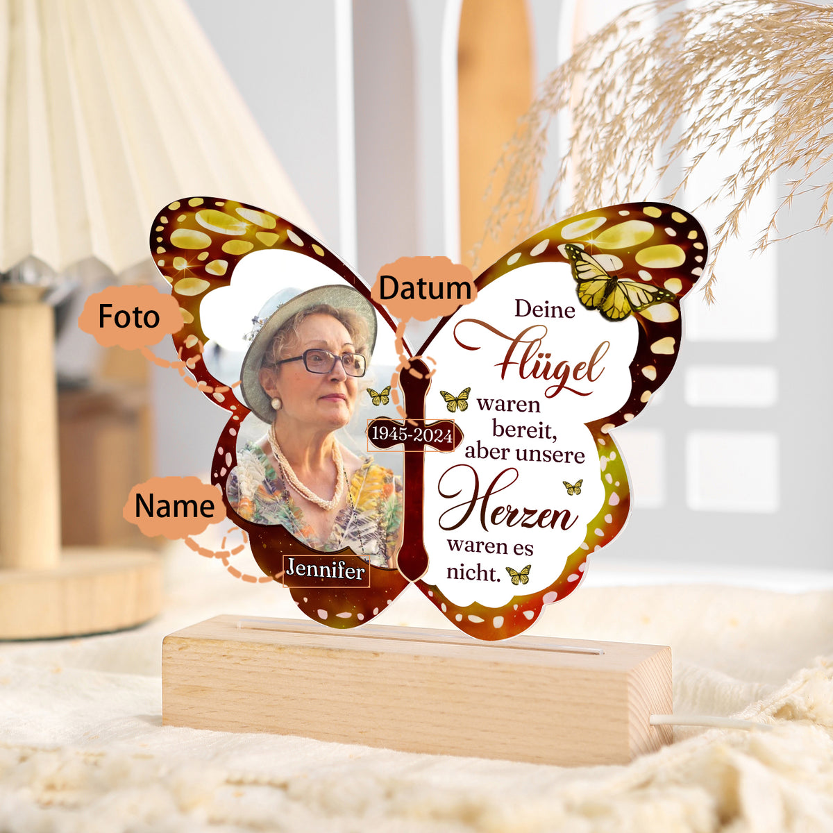 Veilleuse LED papillon personnalisée avec 1 nom, photo et date – Vos ailes étaient prêtes, mais nos cœurs ne l’étaient pas – Lampe de nuit commémorative en acrylique