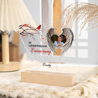 Veilleuse LED personnalisée avec 1 nom et 1 photo et ailes d'ange – À la douce mémoire – Lampe de nuit commémorative en acrylique