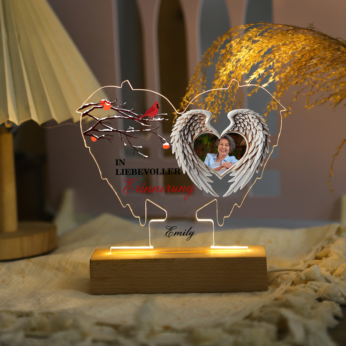 Veilleuse LED personnalisée avec 1 nom et 1 photo et ailes d'ange – À la douce mémoire – Lampe de nuit commémorative en acrylique