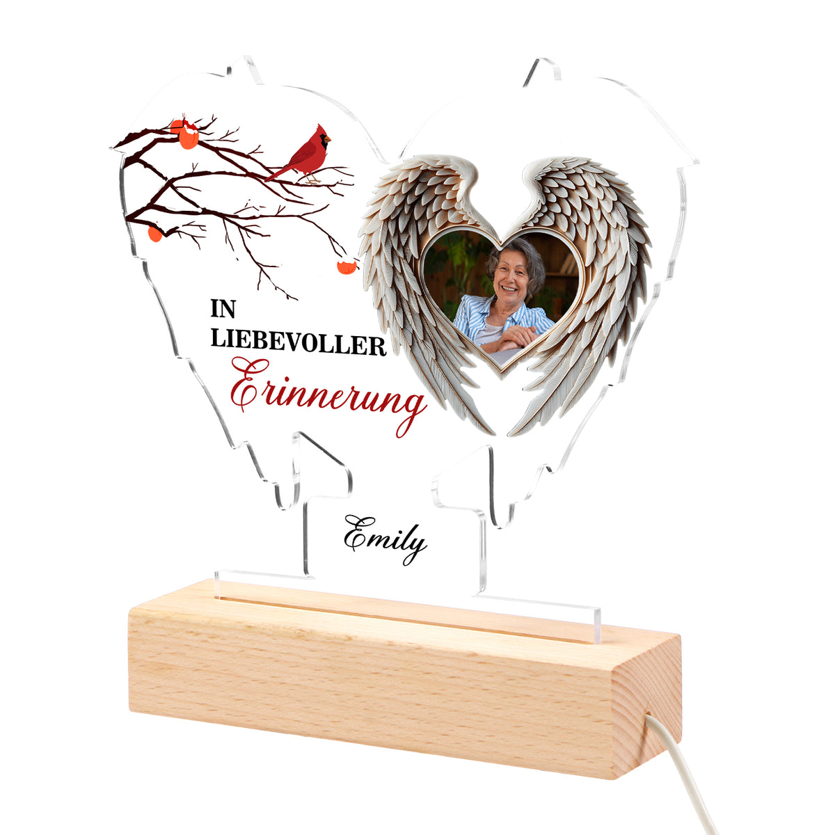 Veilleuse LED personnalisée avec 1 nom et 1 photo et ailes d'ange – À la douce mémoire – Lampe de nuit commémorative en acrylique