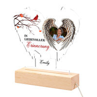 Veilleuse LED personnalisée avec 1 nom et 1 photo et ailes d'ange – À la douce mémoire – Lampe de nuit commémorative en acrylique