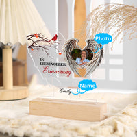 Veilleuse LED personnalisée avec 1 nom et 1 photo et ailes d'ange – À la douce mémoire – Lampe de nuit commémorative en acrylique