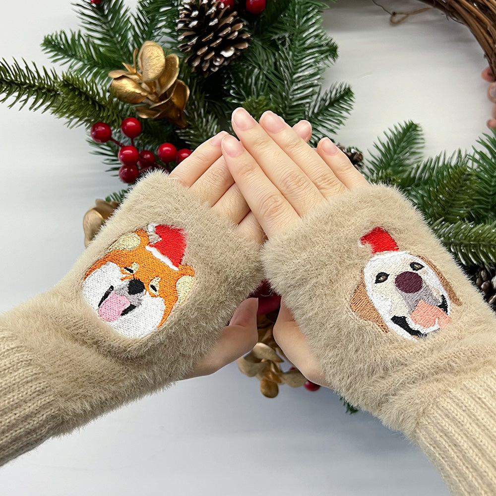 Gepersonaliseerde vingerloze handschoenen met geborduurd dierenportret