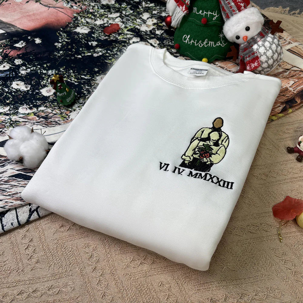 Sweat-shirt brodé personnalisé, style velours, portrait, lecteur de musique, chiffres romains, texte personnalisé, cadeau pour couples et famille