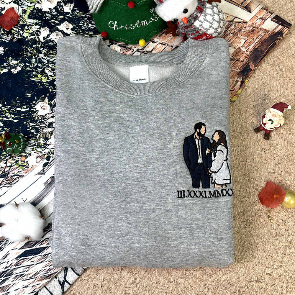 Sweat-shirt brodé personnalisé, style velours, portrait, lecteur de musique, chiffres romains, texte personnalisé, cadeau pour couples et famille