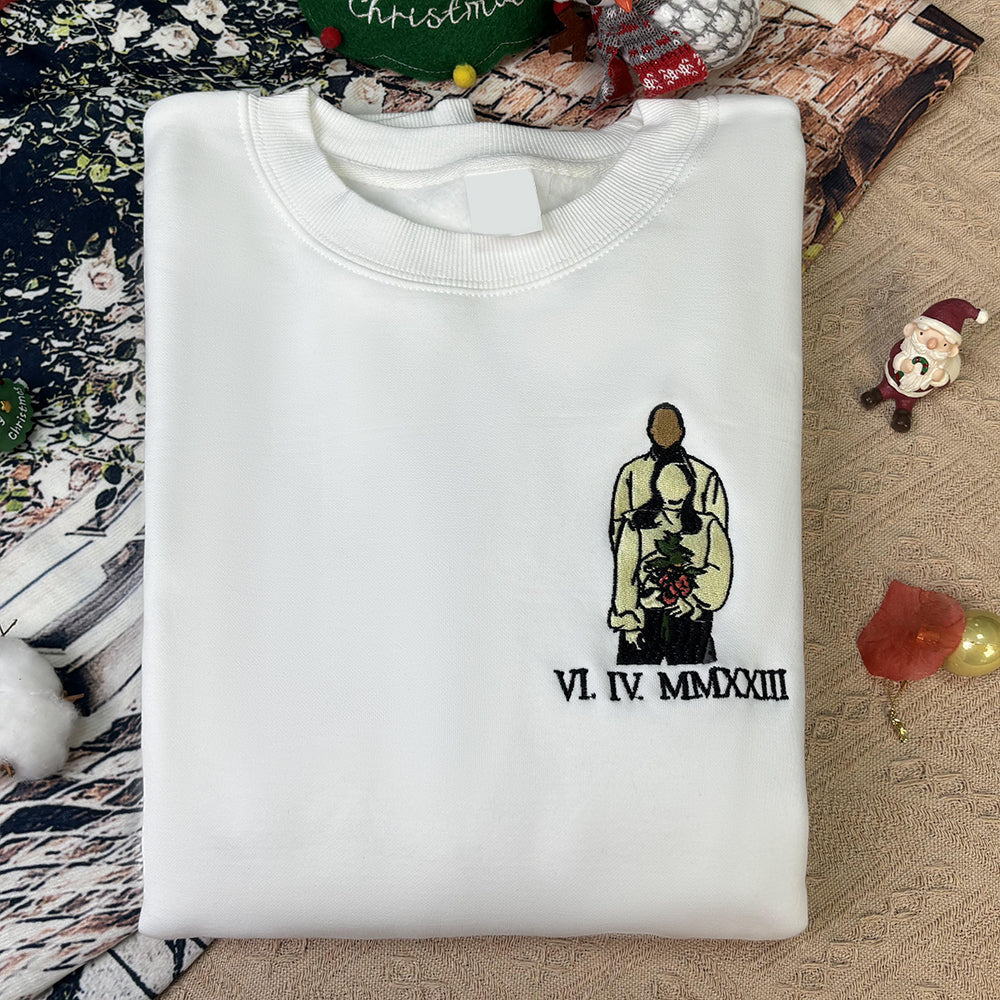 Sweat-shirt brodé personnalisé, style velours, portrait, lecteur de musique, chiffres romains, texte personnalisé, cadeau pour couples et famille