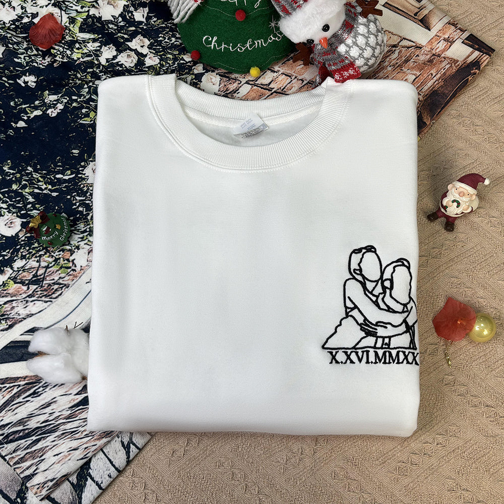 Sweat-shirt brodé personnalisé, style velours, portrait, lecteur de musique, chiffres romains, texte personnalisé, cadeau pour couples et famille