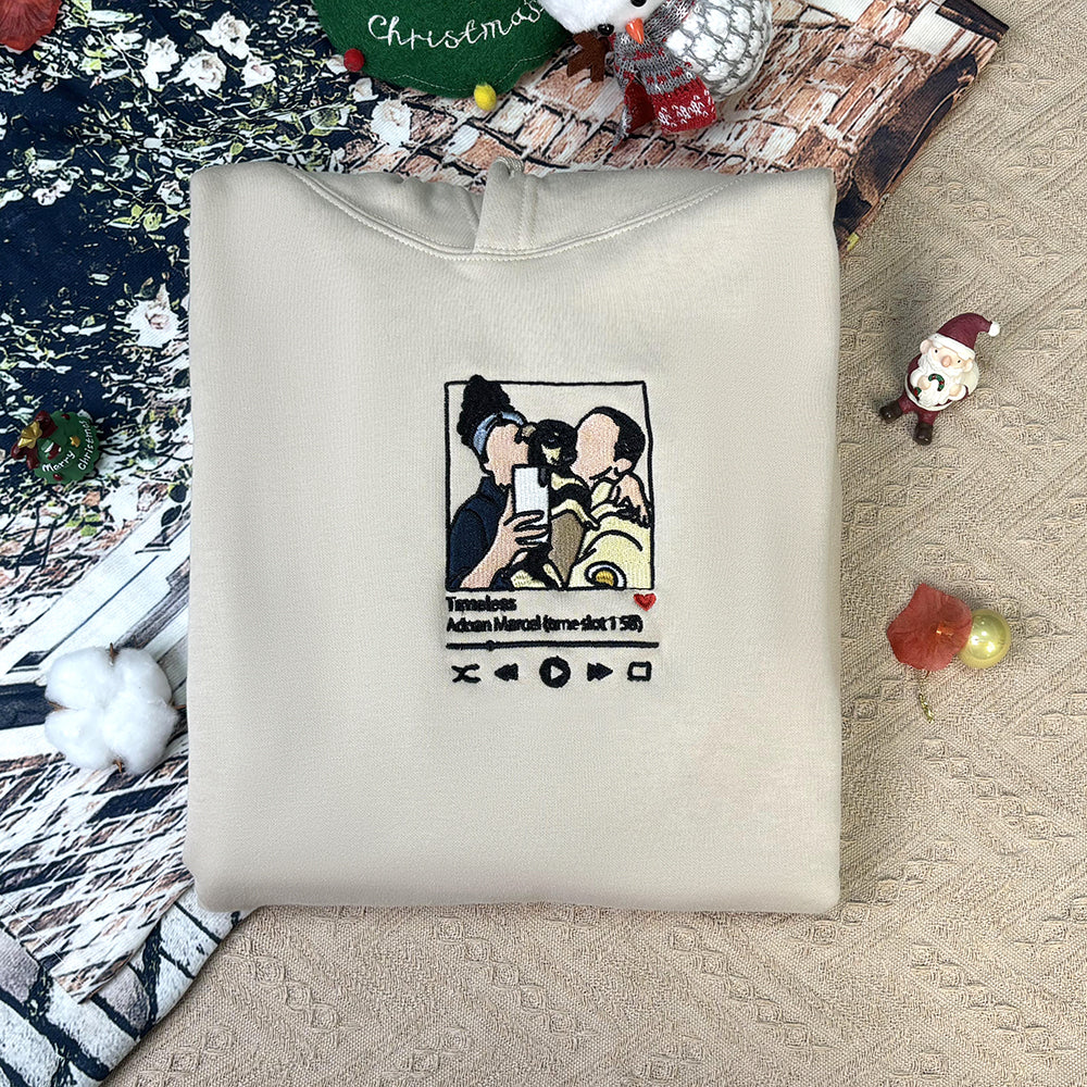 Sweat-shirt brodé personnalisé, style velours, portrait, lecteur de musique, chiffres romains, texte personnalisé, cadeau pour couples et famille