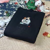 Sweat-shirt brodé personnalisé, style velours, portrait, lecteur de musique, chiffres romains, texte personnalisé, cadeau pour couples et famille