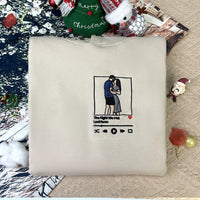 Sweat-shirt brodé personnalisé, style velours, portrait, lecteur de musique, chiffres romains, texte personnalisé, cadeau pour couples et famille