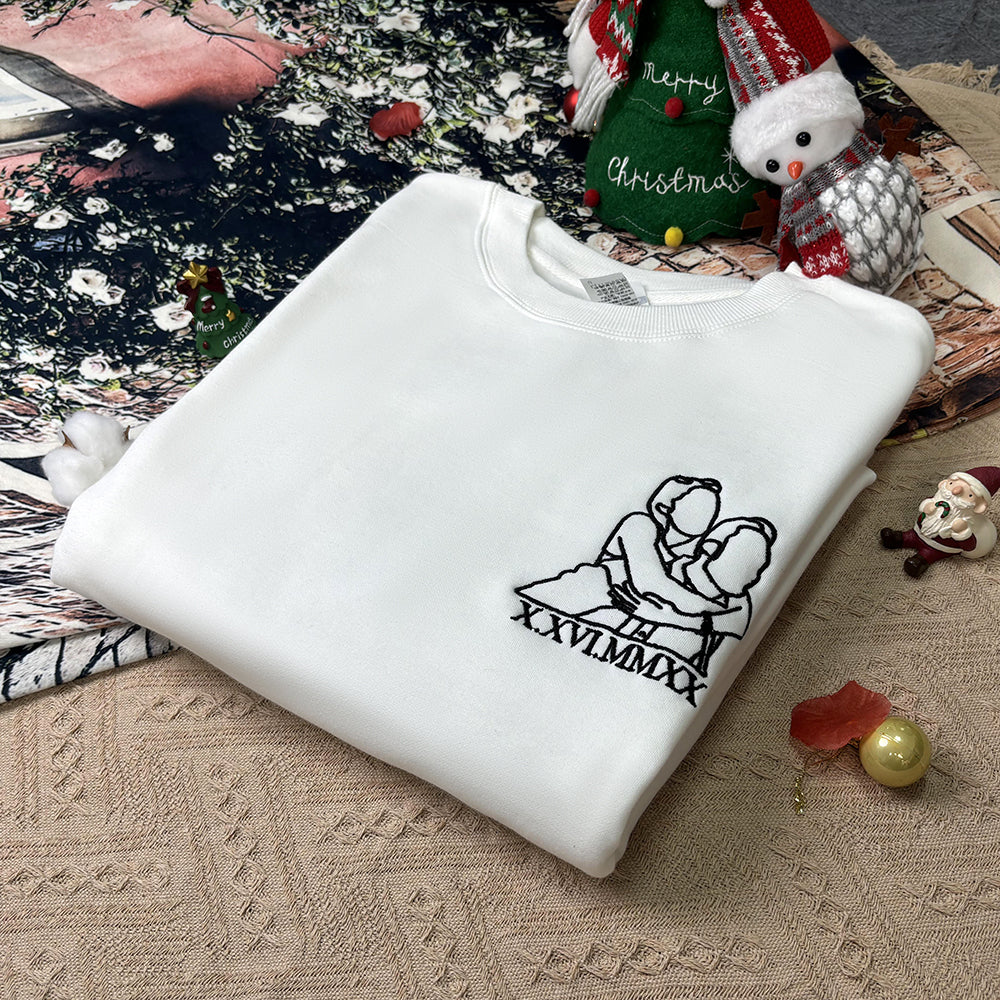 Sweat-shirt brodé personnalisé, style velours, portrait, lecteur de musique, chiffres romains, texte personnalisé, cadeau pour couples et famille