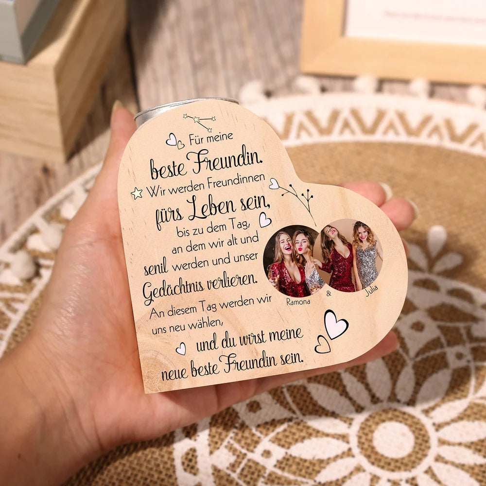 Gepersonaliseerde kaarsenhouder in hartvorm met 2 namen en 2 foto's - We zullen vrienden voor het leven zijn - Voor mijn beste vriend