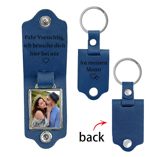 Gepersonaliseerde leren sleutelhanger met foto en tekst - Rijd voorzichtig, ik heb je hier bij me nodig