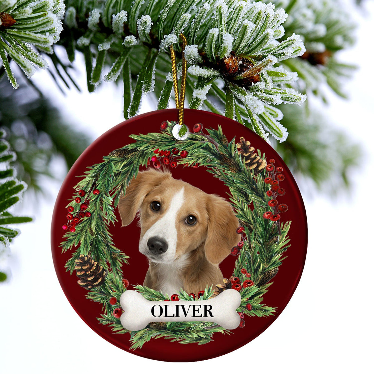 Gepersonaliseerde foto met lieflijk huisdiergezichtje - Kerstcadeau voor dierenliefhebbers, huisdierherdenking - Gepersonaliseerd rond keramisch ornament