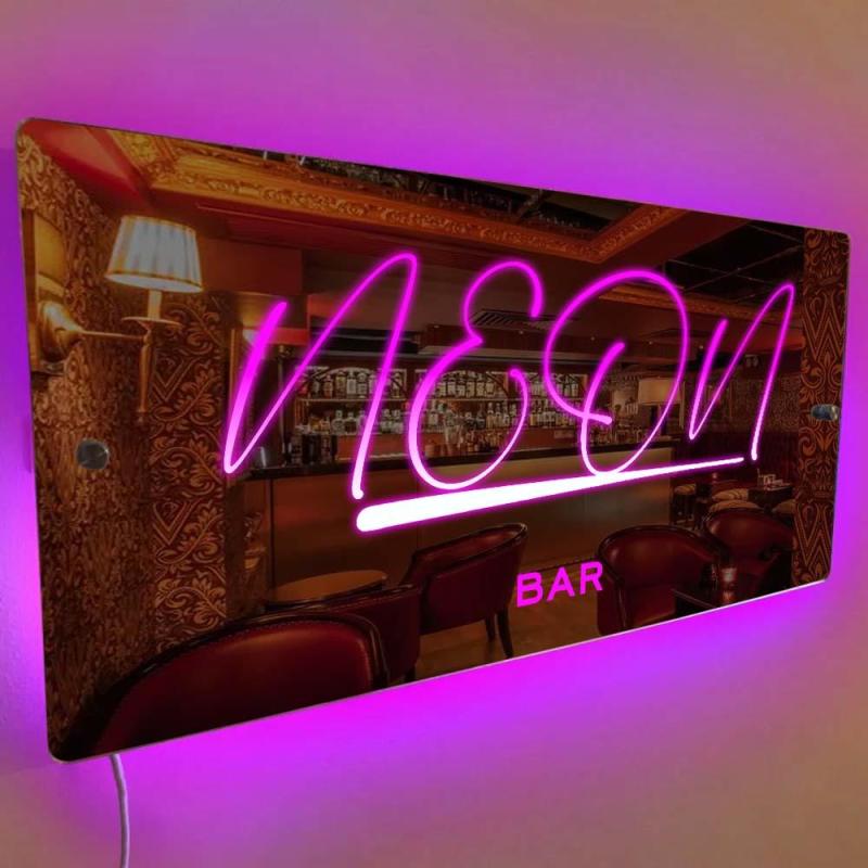 Lumières décoratives de bar, nom personnalisé, enseigne miroir, texte personnalisé, LED, multicolore, illuminé, tenture murale, enseignes au néon, décoration murale