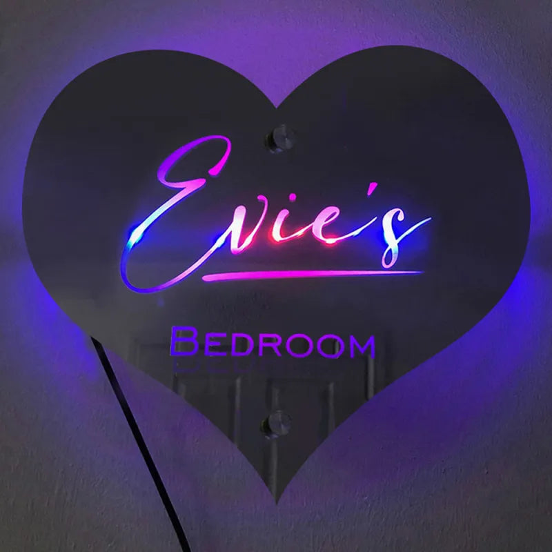 Panneau miroir personnalisé en forme de cœur avec noms, panneau de chambre lumineux personnalisé pour couples