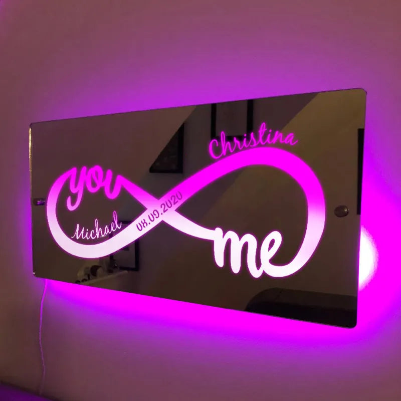 Miroir lumineux personnalisé avec nom, cadeau d'amour infini pour couples